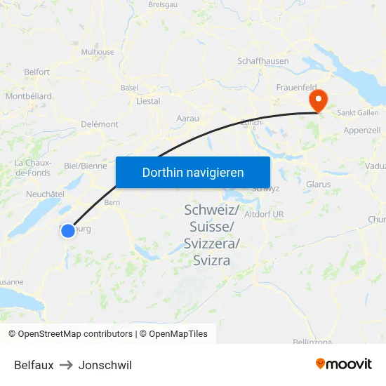 Belfaux to Jonschwil map