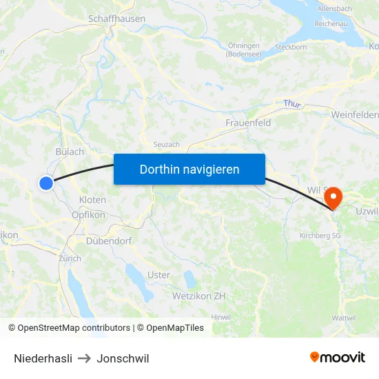 Niederhasli to Jonschwil map