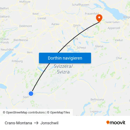 Crans-Montana to Jonschwil map
