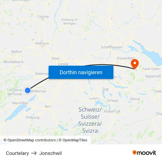 Courtelary to Jonschwil map