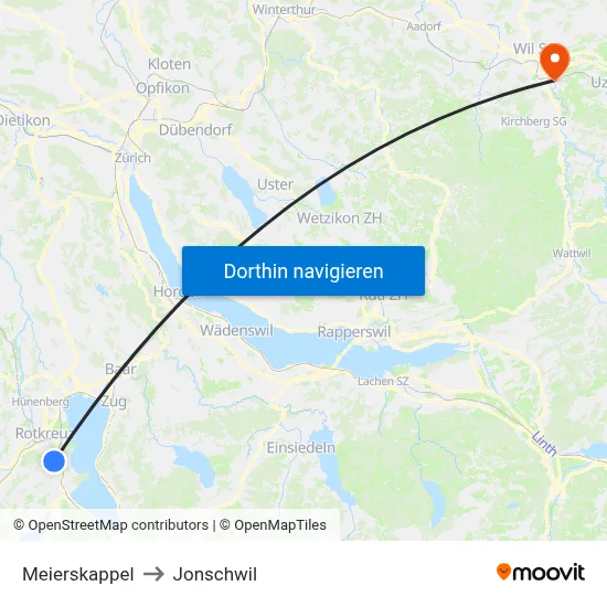Meierskappel to Jonschwil map