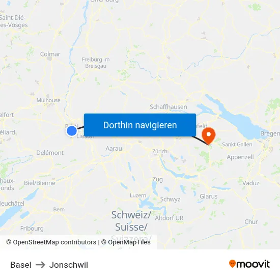Basel to Jonschwil map