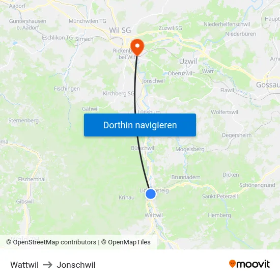 Wattwil to Jonschwil map