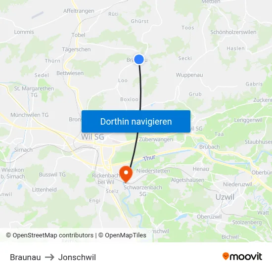 Braunau to Jonschwil map