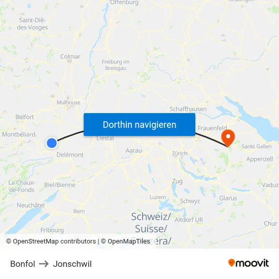 Bonfol to Jonschwil map
