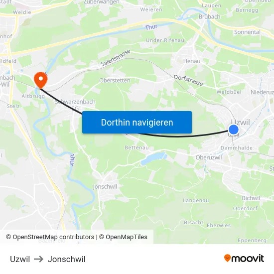 Uzwil to Jonschwil map