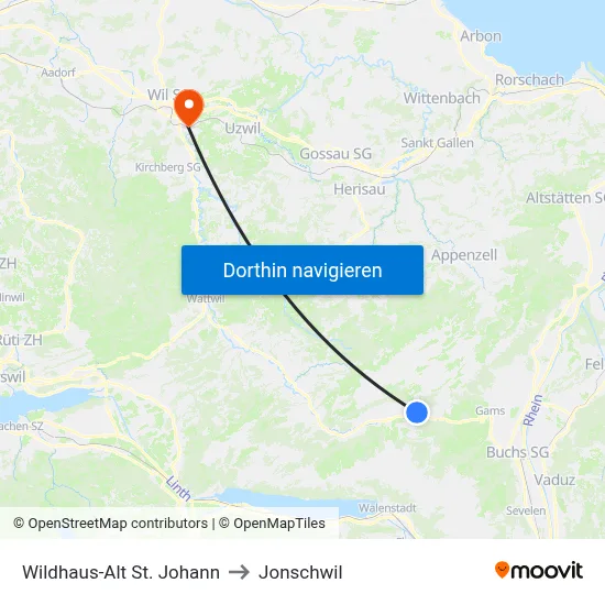 Wildhaus-Alt St. Johann to Jonschwil map