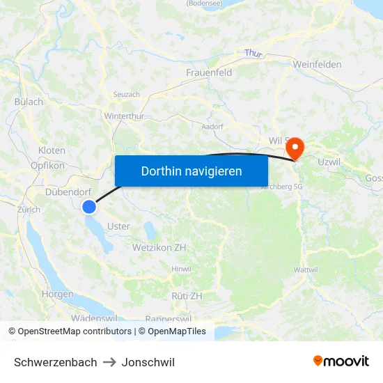 Schwerzenbach to Jonschwil map