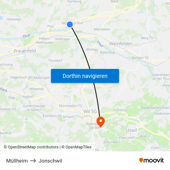 Müllheim to Jonschwil map