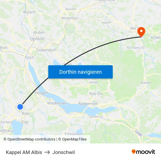 Kappel AM Albis to Jonschwil map