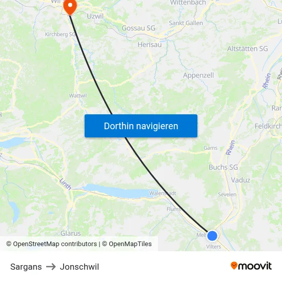 Sargans to Jonschwil map