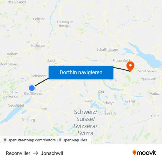 Reconvilier to Jonschwil map