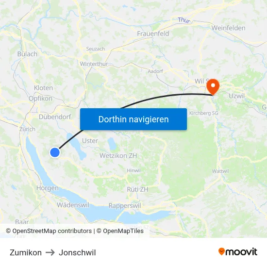 Zumikon to Jonschwil map