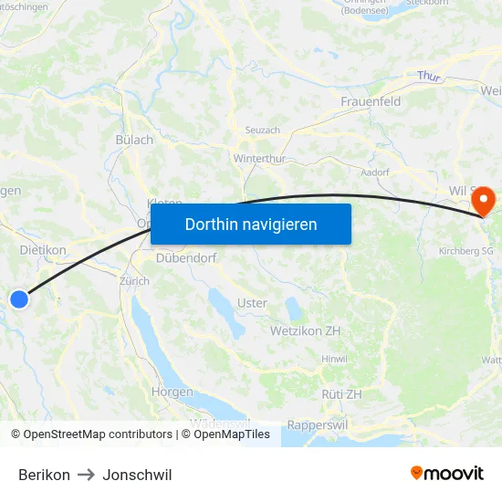 Berikon to Jonschwil map