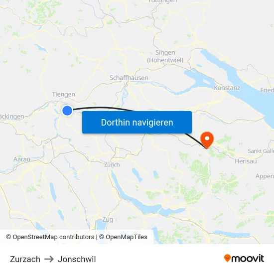 Zurzach to Jonschwil map