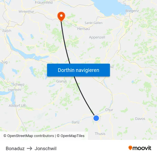 Bonaduz to Jonschwil map