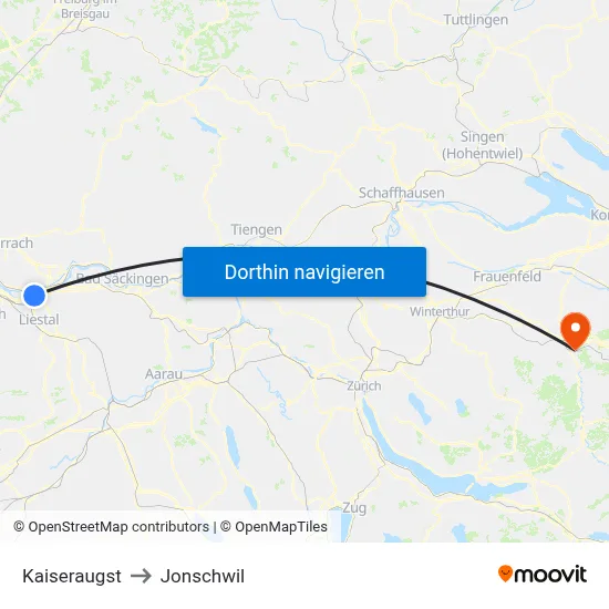 Kaiseraugst to Jonschwil map