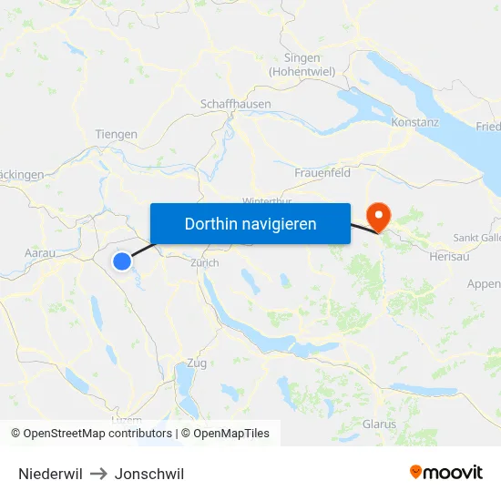 Niederwil to Jonschwil map