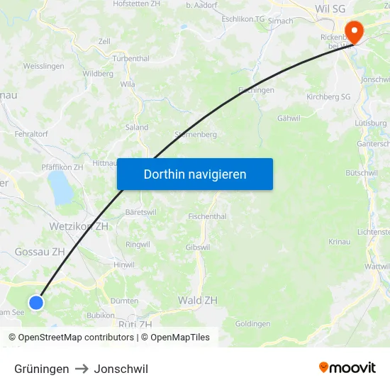Grüningen to Jonschwil map