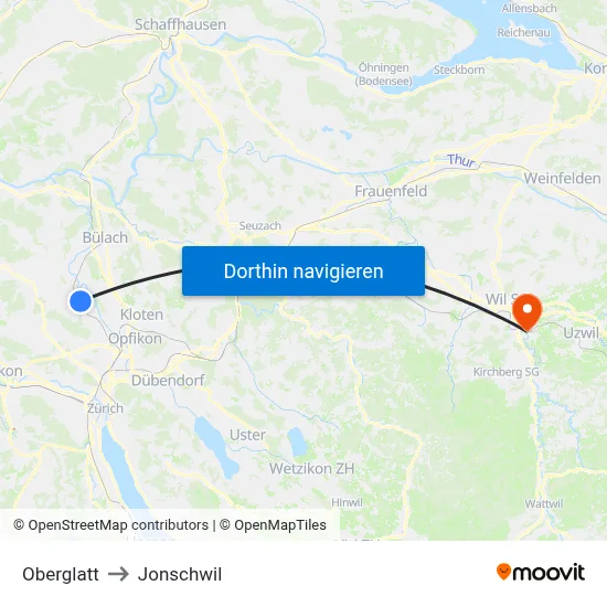 Oberglatt to Jonschwil map