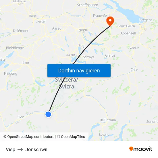 Visp to Jonschwil map