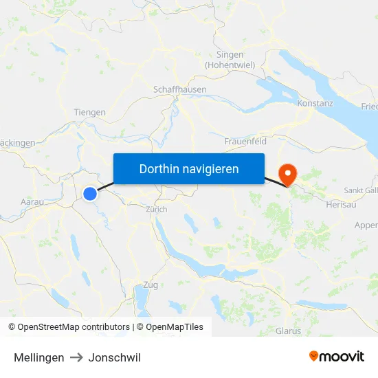 Mellingen to Jonschwil map