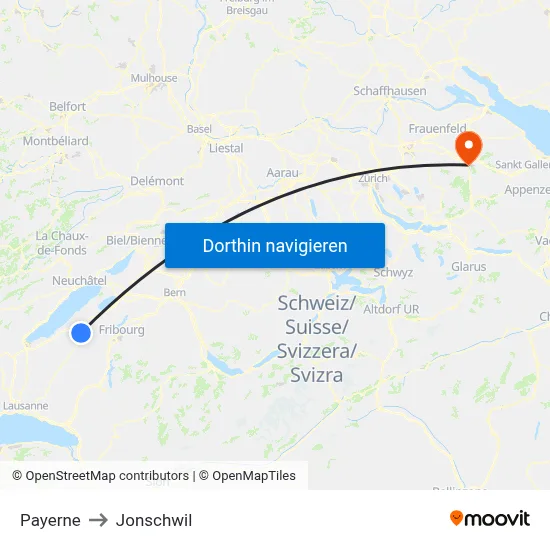 Payerne to Jonschwil map