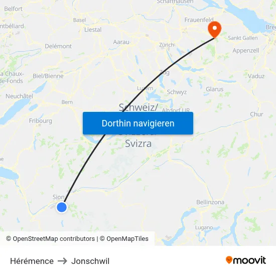Hérémence to Jonschwil map