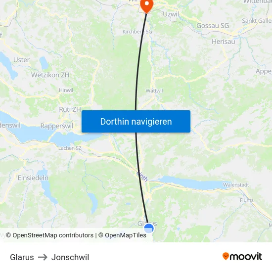 Glarus to Jonschwil map