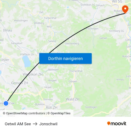 Oetwil AM See to Jonschwil map