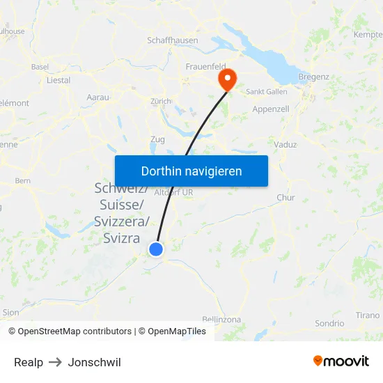 Realp to Jonschwil map