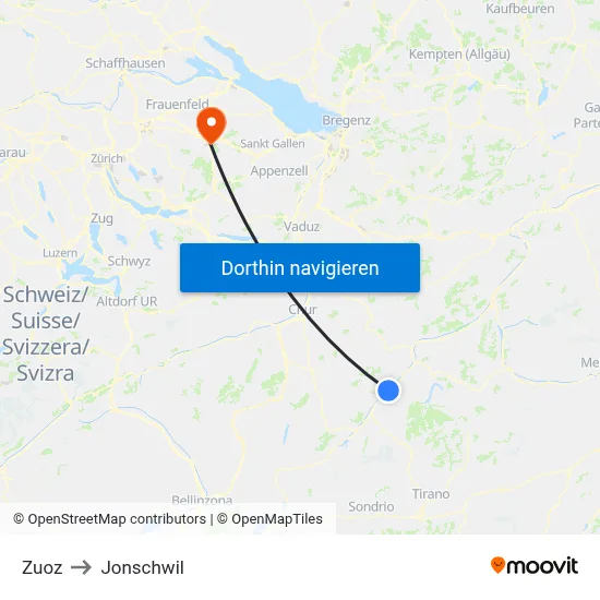 Zuoz to Jonschwil map