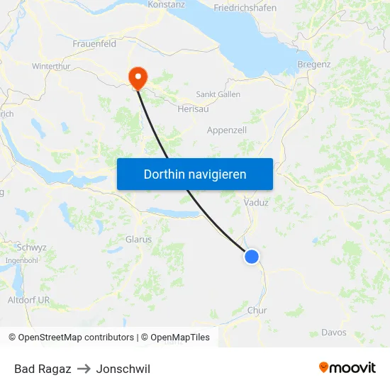 Bad Ragaz to Jonschwil map