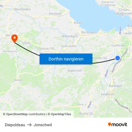 Diepoldsau to Jonschwil map