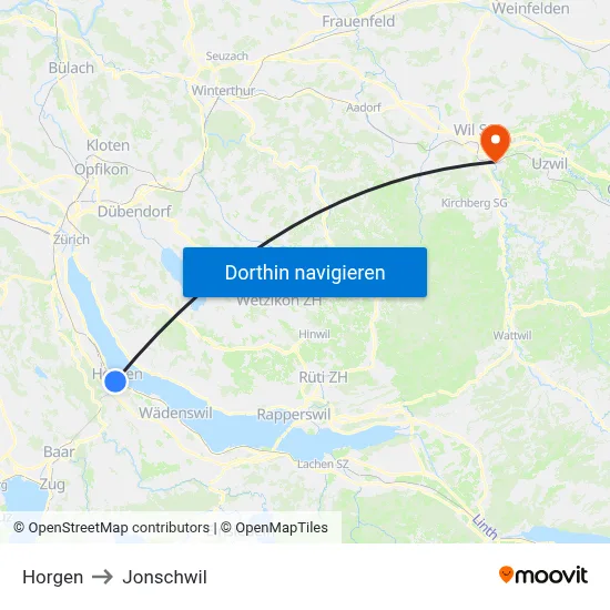 Horgen to Jonschwil map