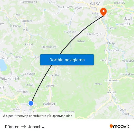 Dürnten to Jonschwil map