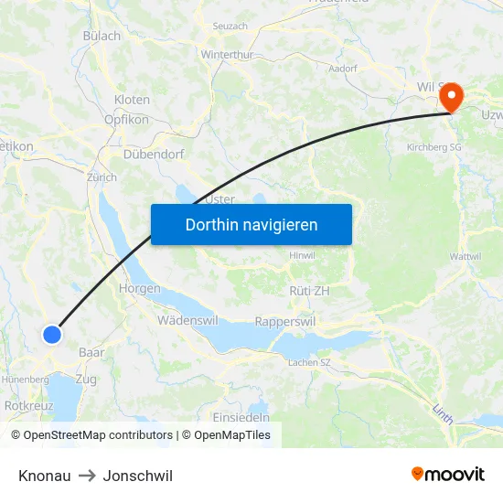 Knonau to Jonschwil map