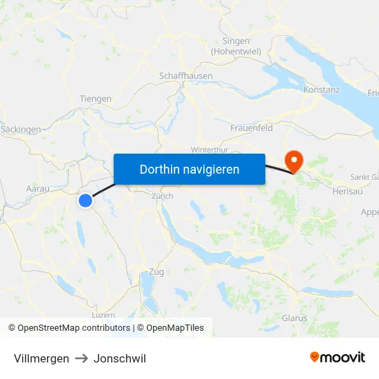 Villmergen to Jonschwil map