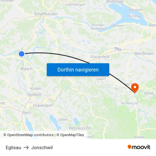 Eglisau to Jonschwil map