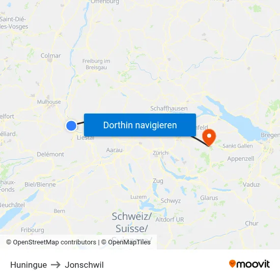 Huningue to Jonschwil map