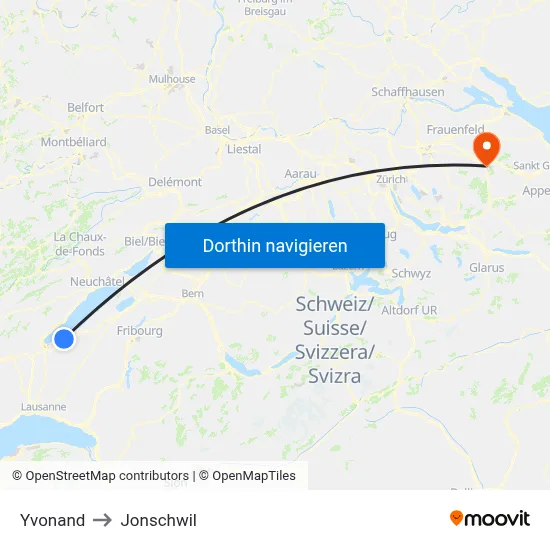 Yvonand to Jonschwil map
