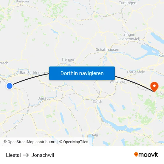 Liestal to Jonschwil map