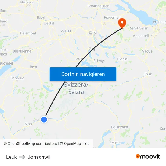 Leuk to Jonschwil map