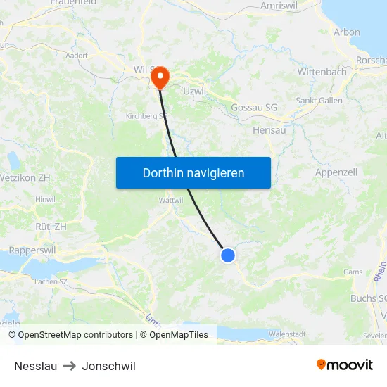 Nesslau to Jonschwil map