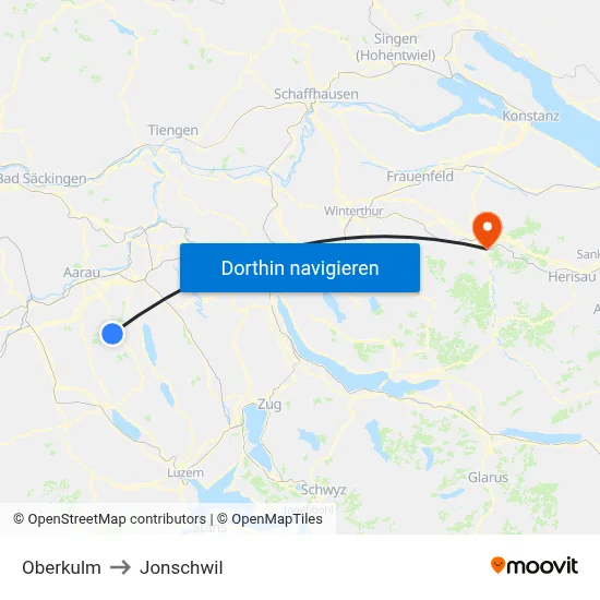 Oberkulm to Jonschwil map