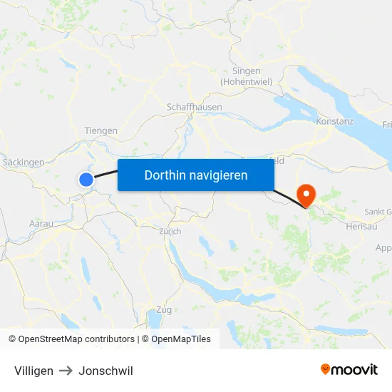 Villigen to Jonschwil map