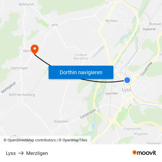 Lyss to Merzligen map