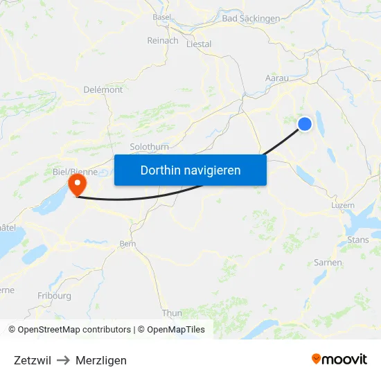 Zetzwil to Merzligen map