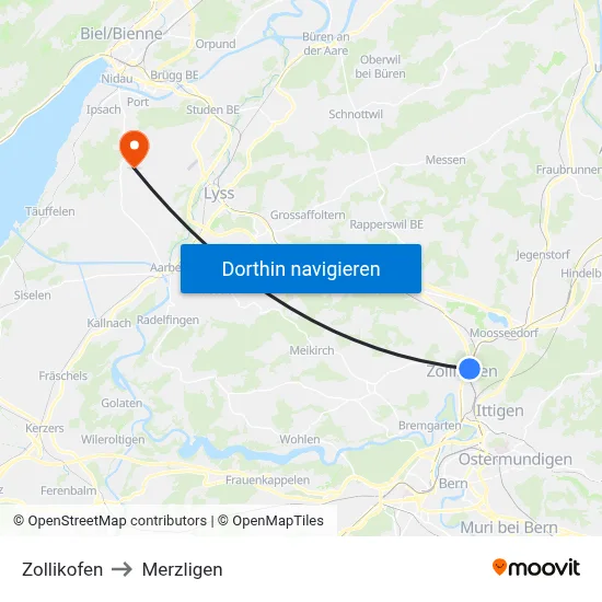 Zollikofen to Merzligen map