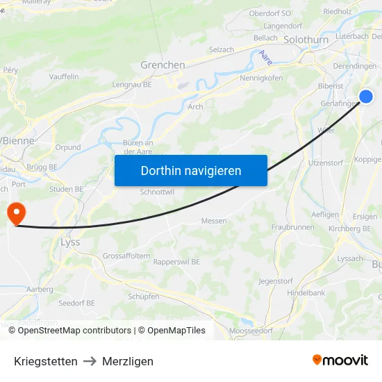 Kriegstetten to Merzligen map